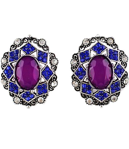 Shein Purple Blue Gemstone Silver Hollow Earrings