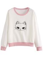 Shein Contrast Trim Cat Embroidered Sweatshirt