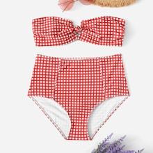Shein Random Gingham Knot Front Top With High Waist Bikini