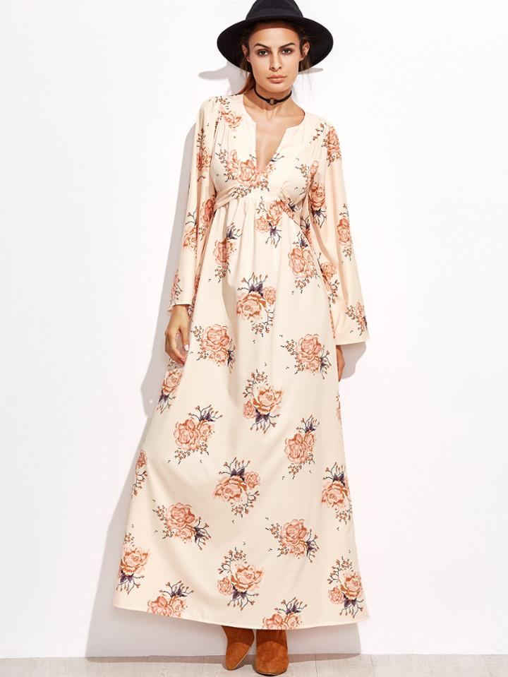 Shein Pink Flower Print Self Tie Empire Waist Dress