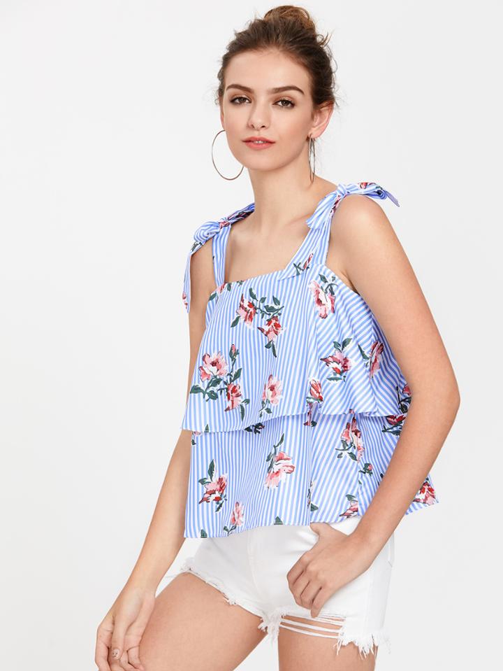 Shein Bow Tie Shoulder Floral Layered Top