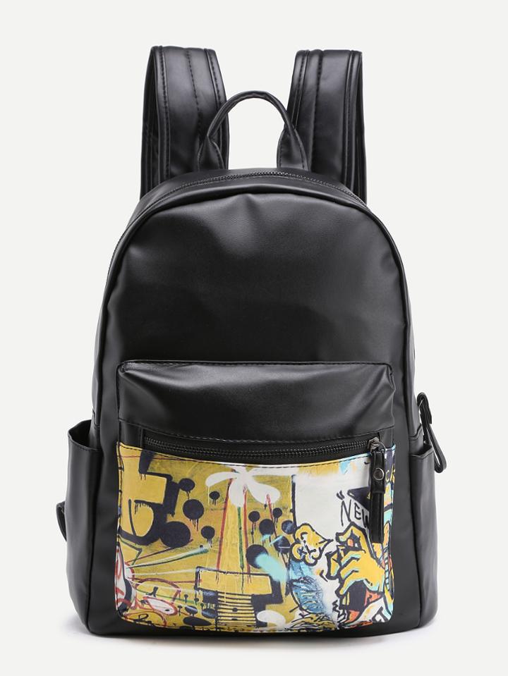 Shein Graffiti Print Pu Backpack With Pocket