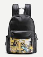 Shein Graffiti Print Pu Backpack With Pocket