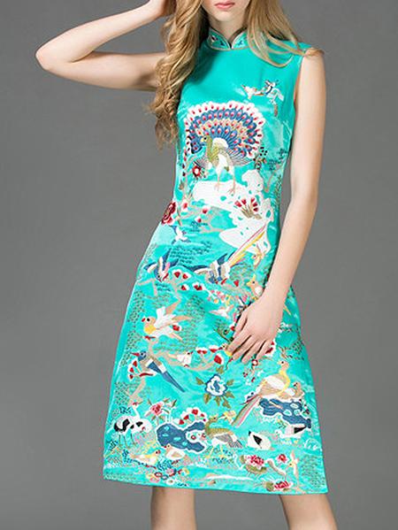 Shein Green Collar Embroidered Split A-line Dress