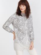 Shein Grey Ribbed Trim Flower Embroidered Contrast Crochet Sweater