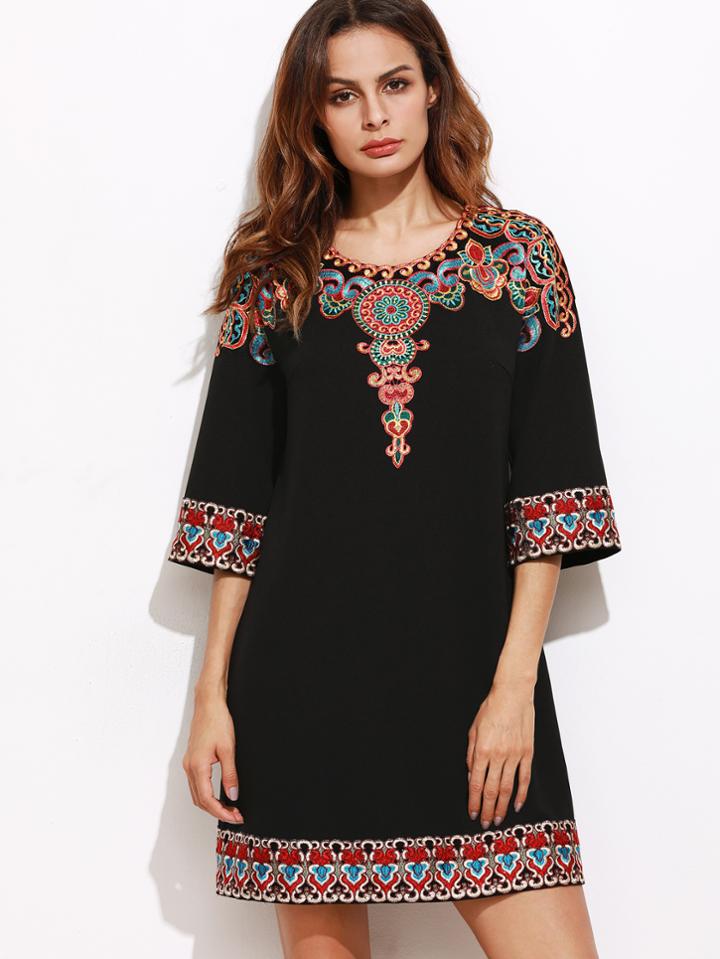 Shein Black 3/4 Sleeve Embroidered Tunic Dress