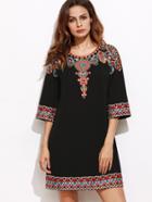 Shein Black 3/4 Sleeve Embroidered Tunic Dress