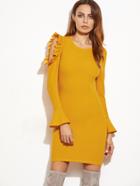 Shein Yellow Bell Sleeve Open One Shoulder Ruffle Slit Side Dress
