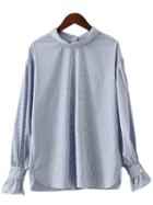 Shein Blue White Stripe Buttons Back Lantern Sleeve Blouse