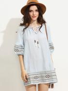 Shein Pale Blue Lantern Sleeve Tie Neck Embroidered Dress