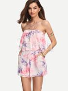 Shein Pink Strapless Feather Print Pockets Jumpsuit