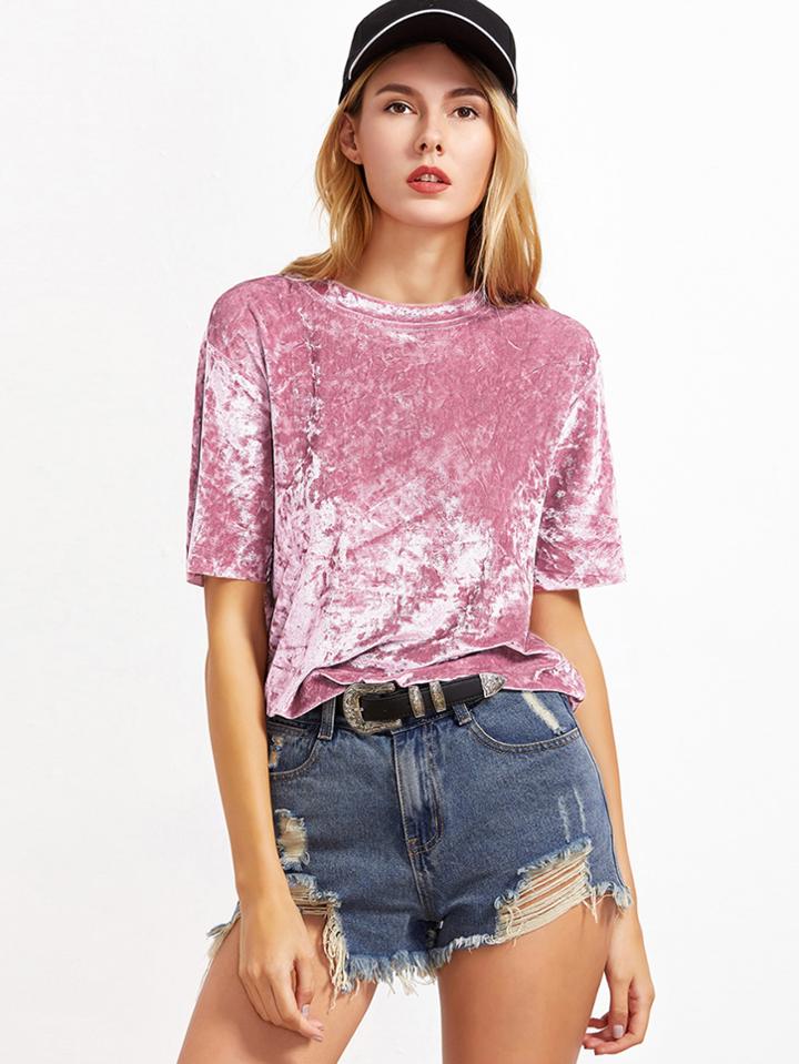 Shein Pink Short Sleeve Crushed Velvet T-shirt