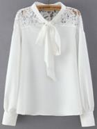 Shein White Tie Collar Lace Loose Blouse