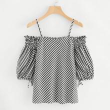 Shein Plaid Cold Shoulder Shirred Blouse