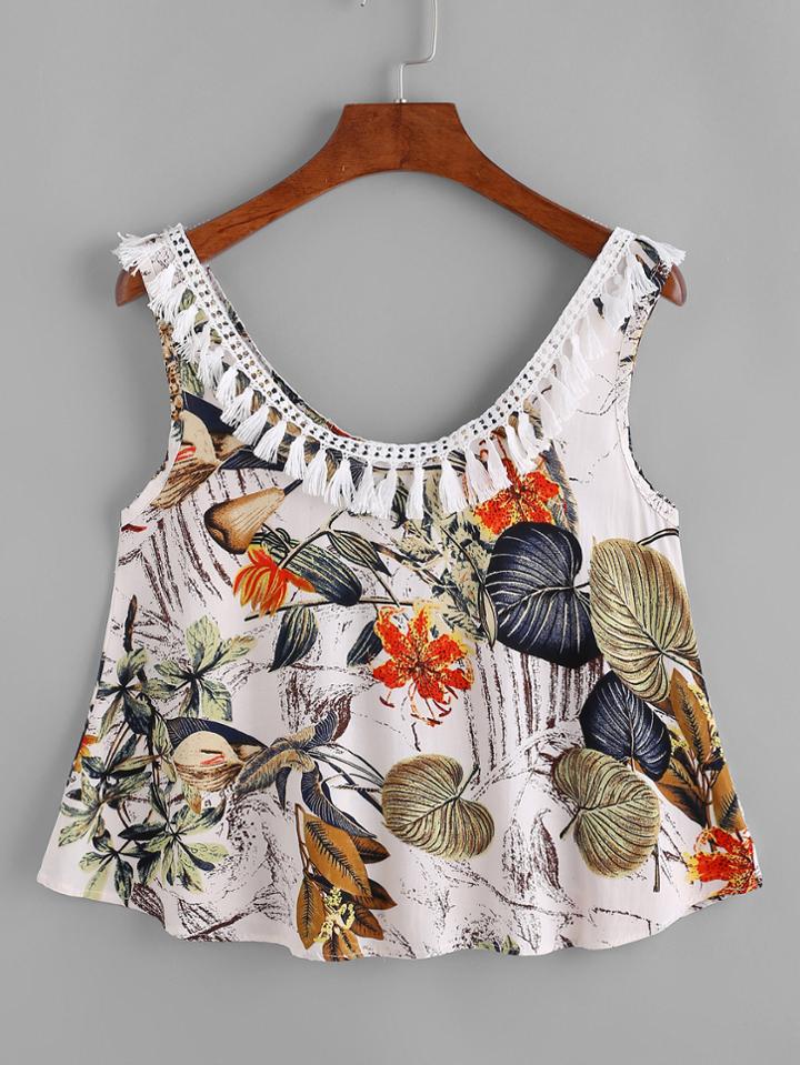 Shein Calico Print Fringe Trim Top