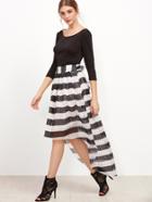 Shein Black Top With Contrast Striped Dip Hem Skirt
