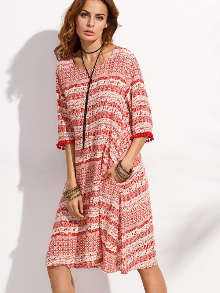 Shein Red Tribal Print Pom Pom Trim Dress