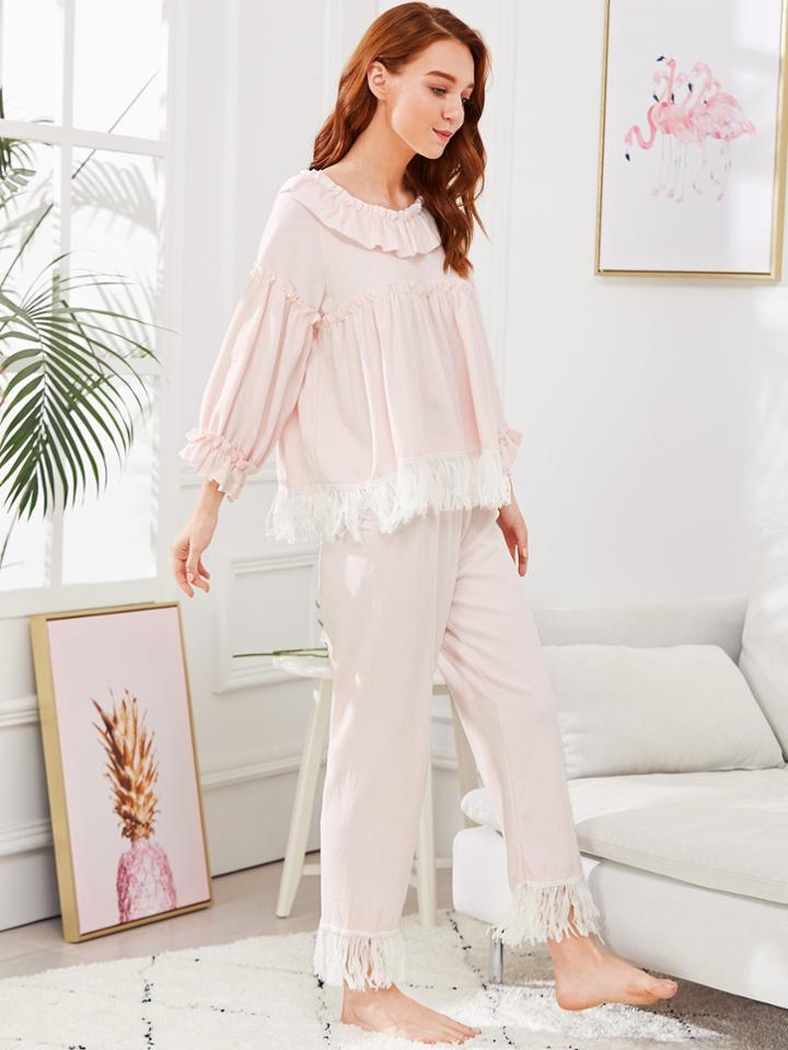 Shein Fringe Hem Ruffle Top & Pants Pj Set