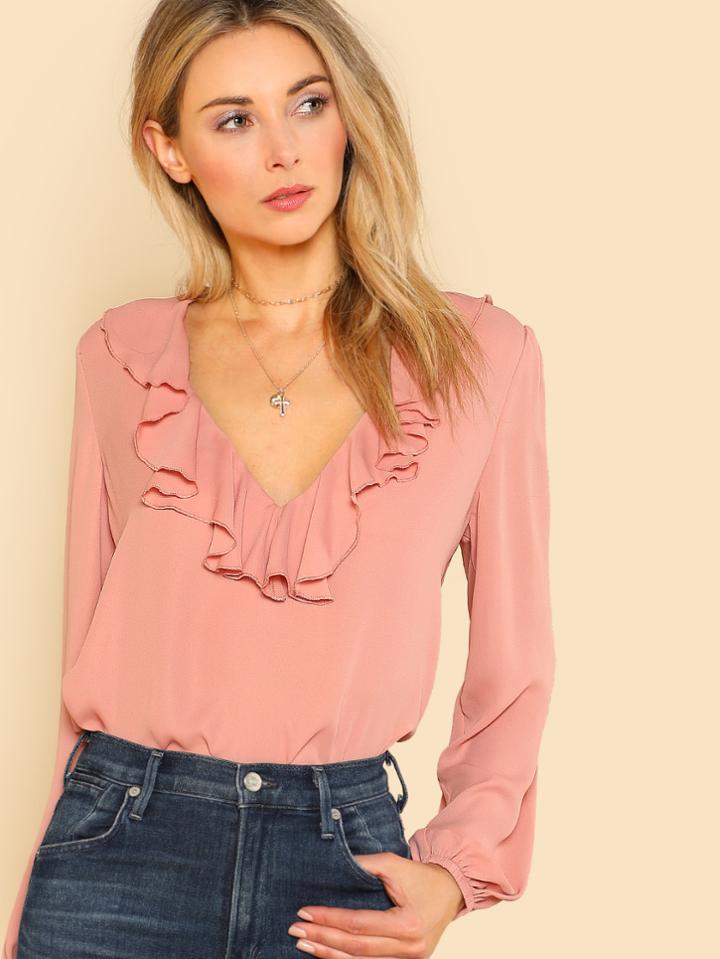 Shein Flounce Deep V Neck Blouse