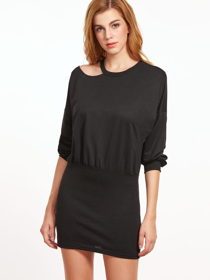 Shein Black Cut Out Neck Drop Shoulder Sweatshirt Dress