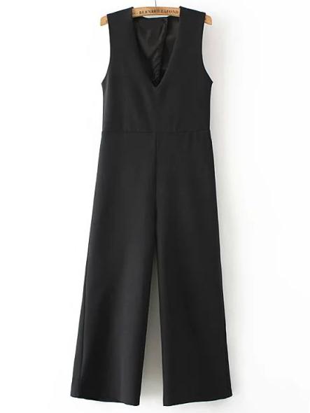 Shein Black V Neck Sleeveless Wide Leg Jumpsuit