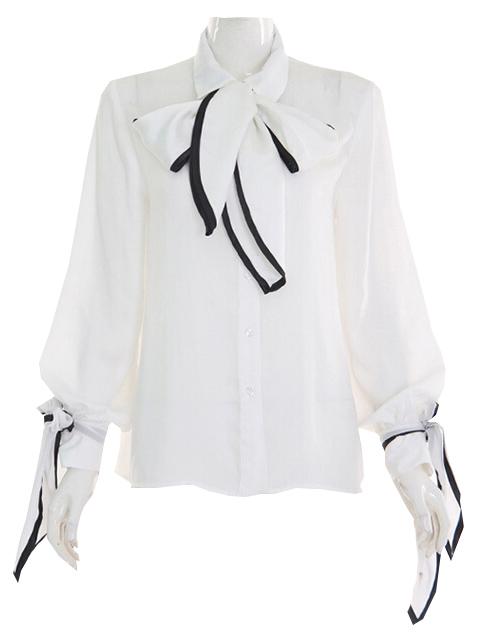 Shein White Black Long Sleeve Bow Chiffon Blouse