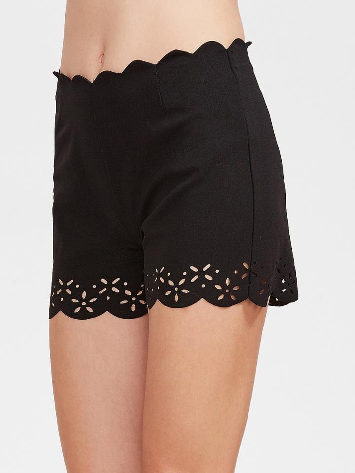 Shein Scallop Waist And Hem Laser Cutout Shorts