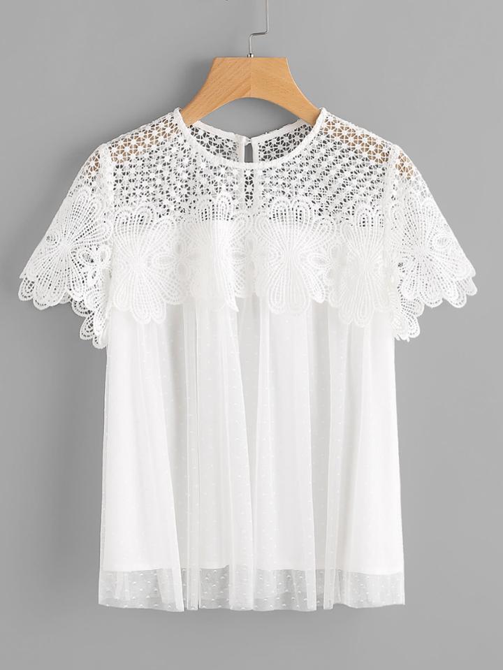 Shein Buttoned Keyhole Crochet Yoke Dot Mesh Top