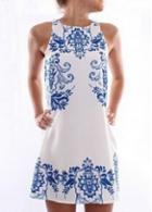 Rosewe Blue Porcelain Print White Tank Dress