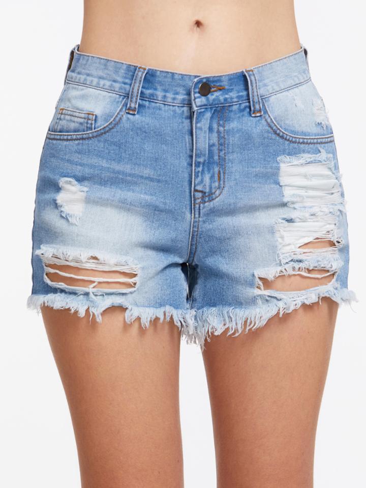Shein Bleach Wash Destroyed Denim Shorts