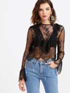 Shein Black Ruffle Trim Bell Sleeve Sheer Floral Lace Top