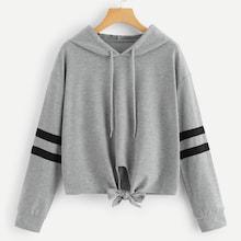 Shein Knot Hem Varsity Sleeve Hooded Sweatshirt