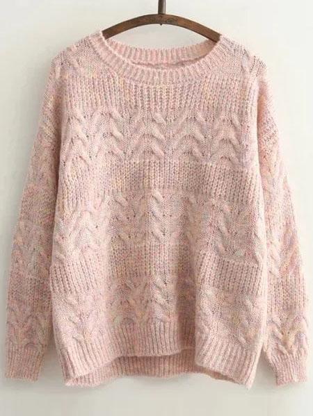 Shein Pink Cable Knit Round Neck Drop Shoulder Sweater