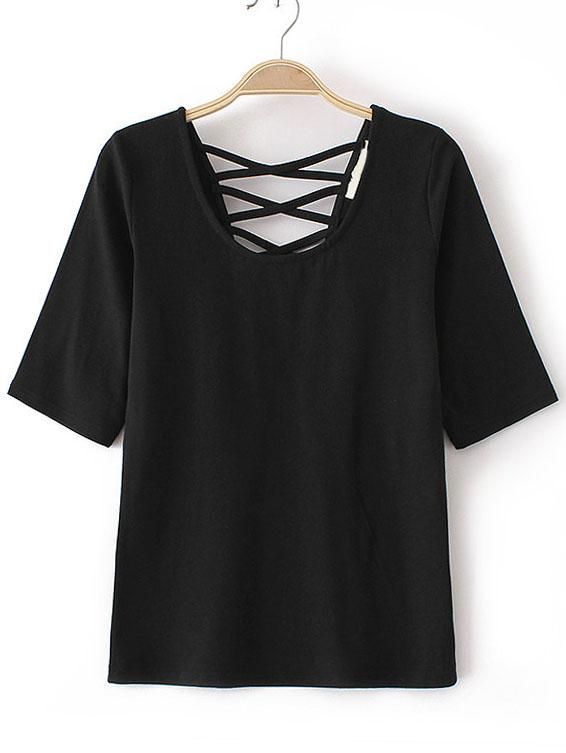 Shein Black Criss Cross V Back T-shirt