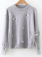 Shein Grey Crane Embroidery Ribbed Trim Sweater
