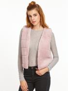 Shein Pink Collarless Striped Faux Fur Vest