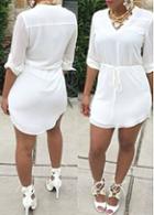 Rosewe V Neck Solid White Drawstring Waist Dress