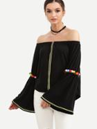 Shein Black Off The Shoulder Bell Sleeve Pom-pom Blouse