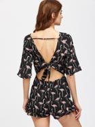Shein Cutout Knot Back Flamingo Print Frill Romper