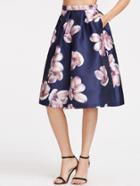 Shein Navy Flower Print Box Pleated Volume Skirt