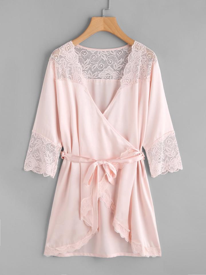 Shein Contrast Lace Self Tie Kimono Robe