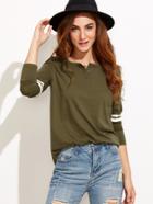 Shein Olive Green Button Neck Varsity Striped Sleeve T-shirt