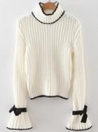 Shein White Turtle Neck Bow Embellished Bell Sleeve Sweater