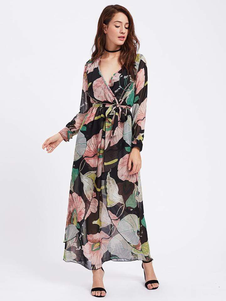 Shein Surplice Neckline Random Florals Layered Chiffon Dress