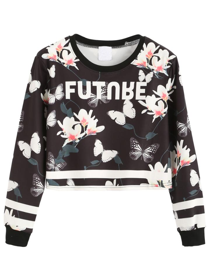 Shein Contrast Trim Floral Print Crop Sweatshirt