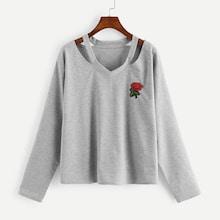 Shein Plus V Neck Embroidered Sweatshirt