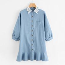 Shein Contrast Lace Collar Ruffle Hem Dress