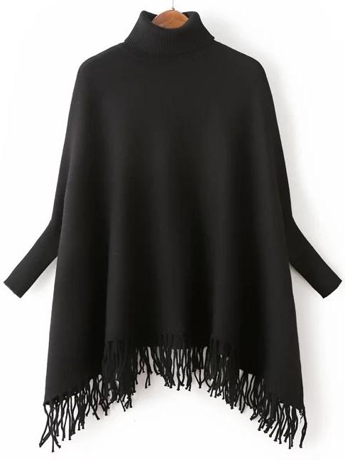 Shein Black Turtle Neck Batwing Sleeve Fringe Cape Sweater