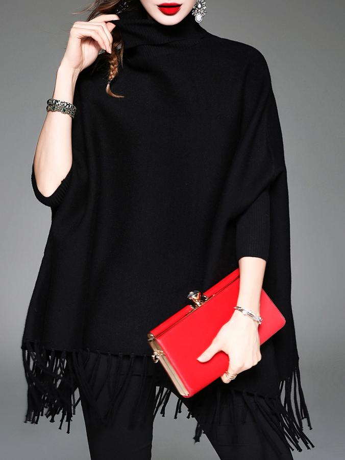Shein Black High Neck Tassels Cape Blouse