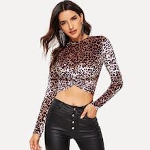 Shein Twist Hem Leopard Velvet Crop Tee